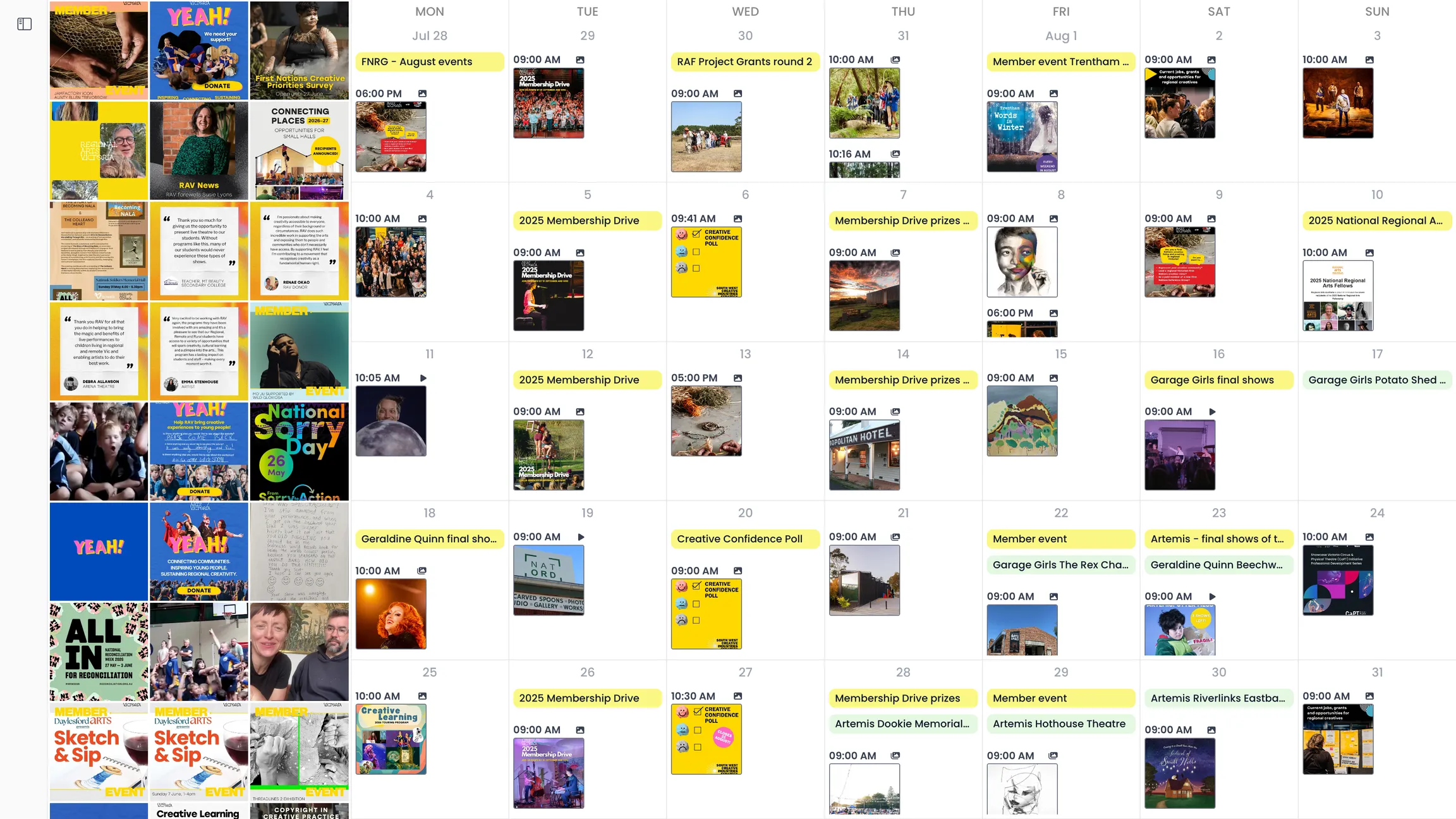 Social media scheduler calendar with scheduled posts across multiple platforms and a drag and drop rescheduling feature