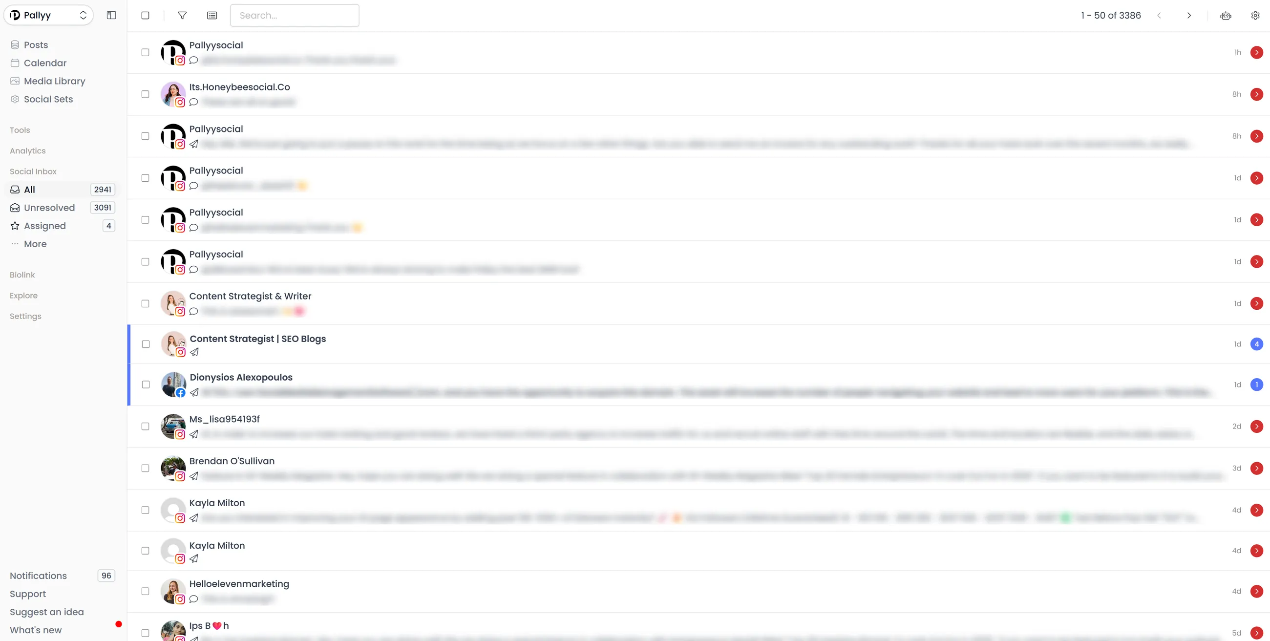 Social media inbox with comments, direct messages, reviews, labels, and assignments