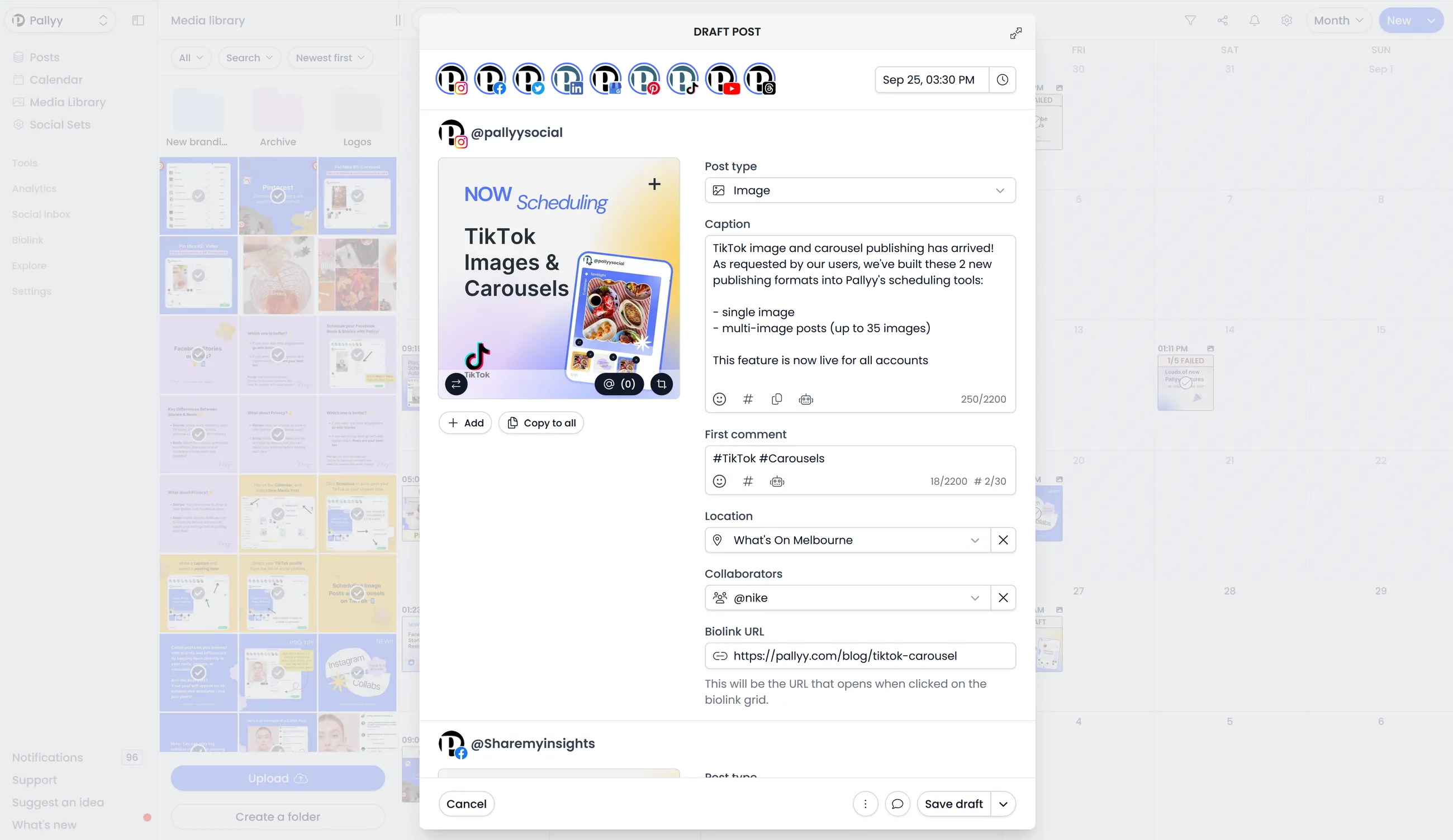 Instagram integration workspace with publishing, analytics, inbox, and link in bio tools