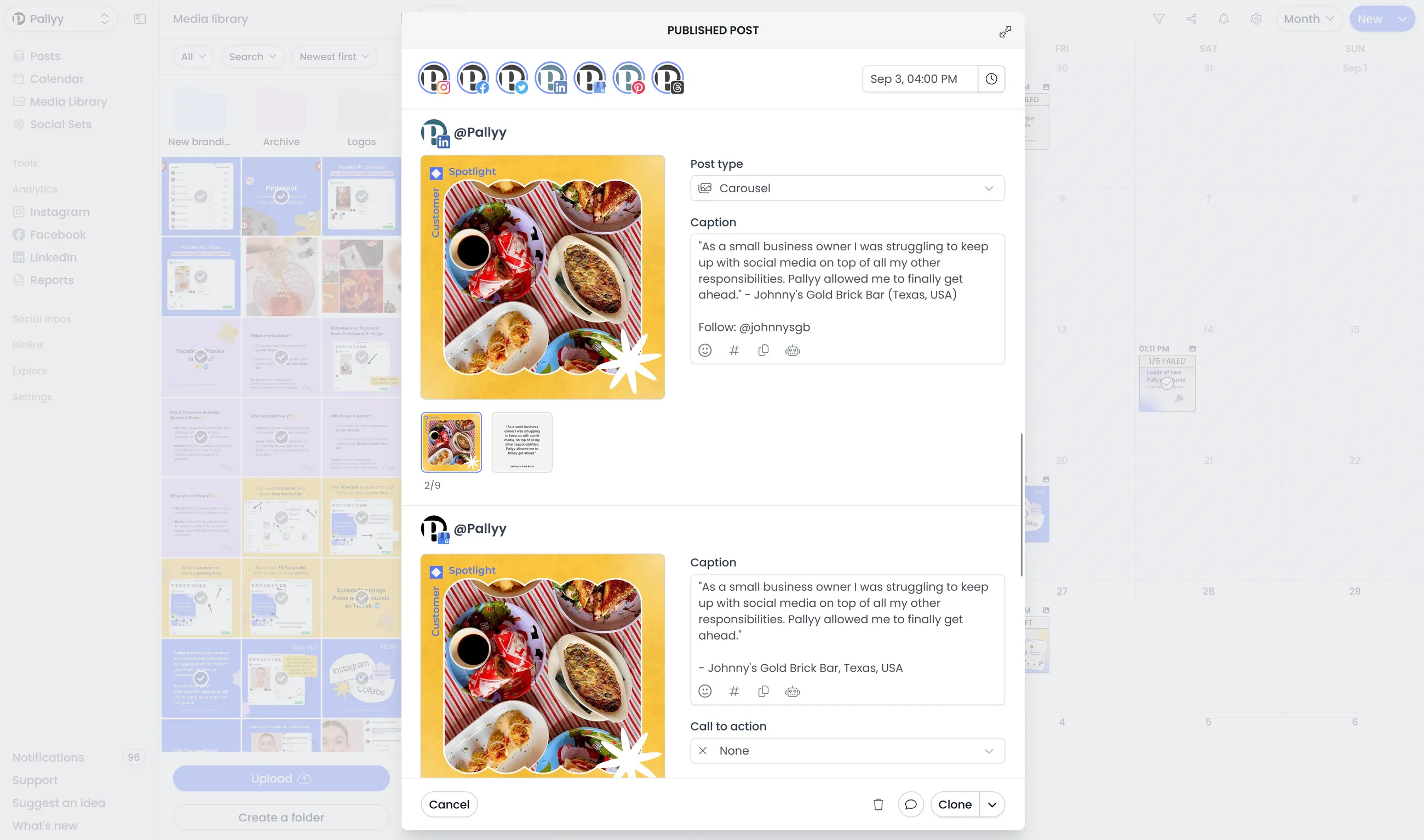 LinkedIn integration workspace with company page publishing, reporting, and comments