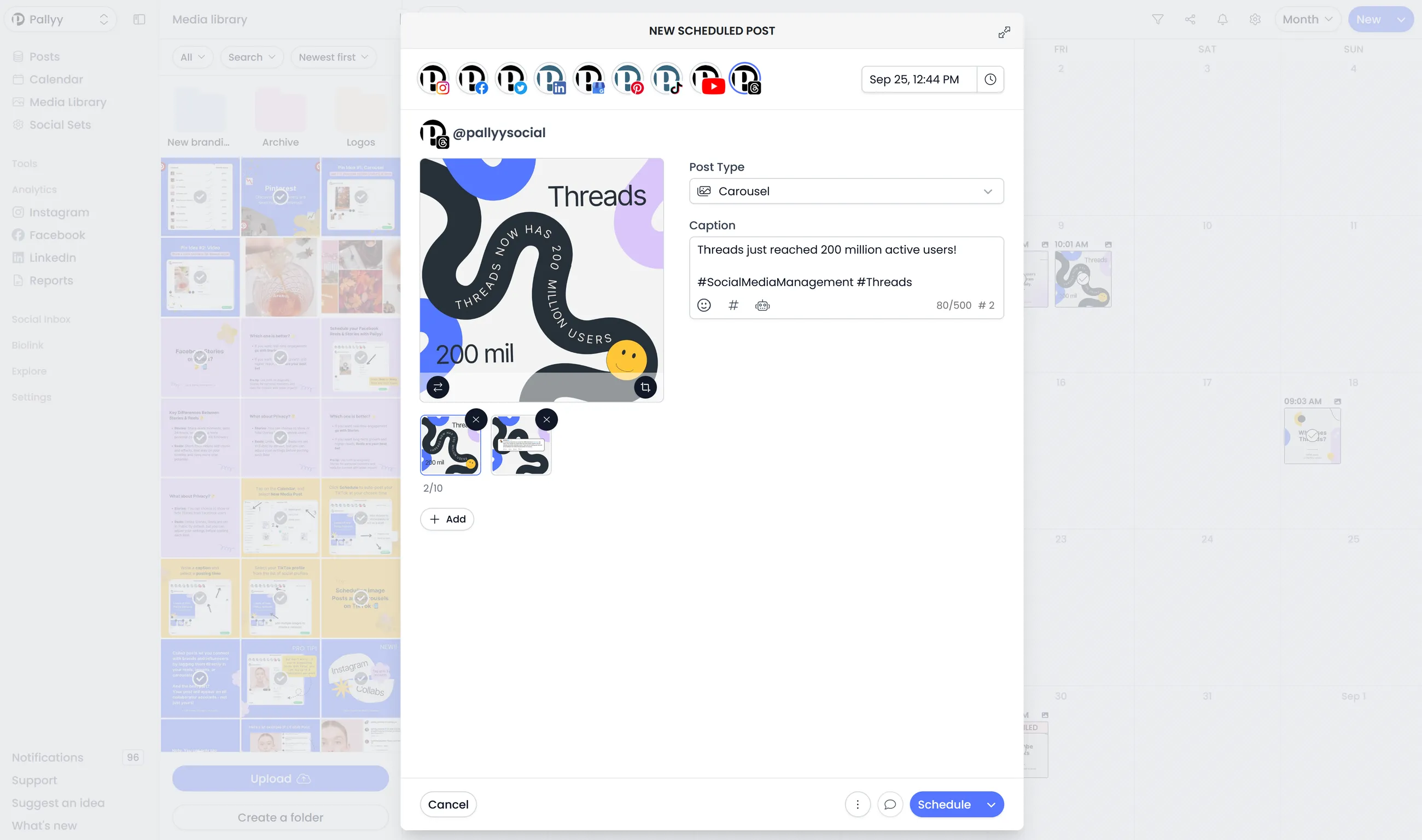 Threads integration workspace with text, image, video, and carousel publishing