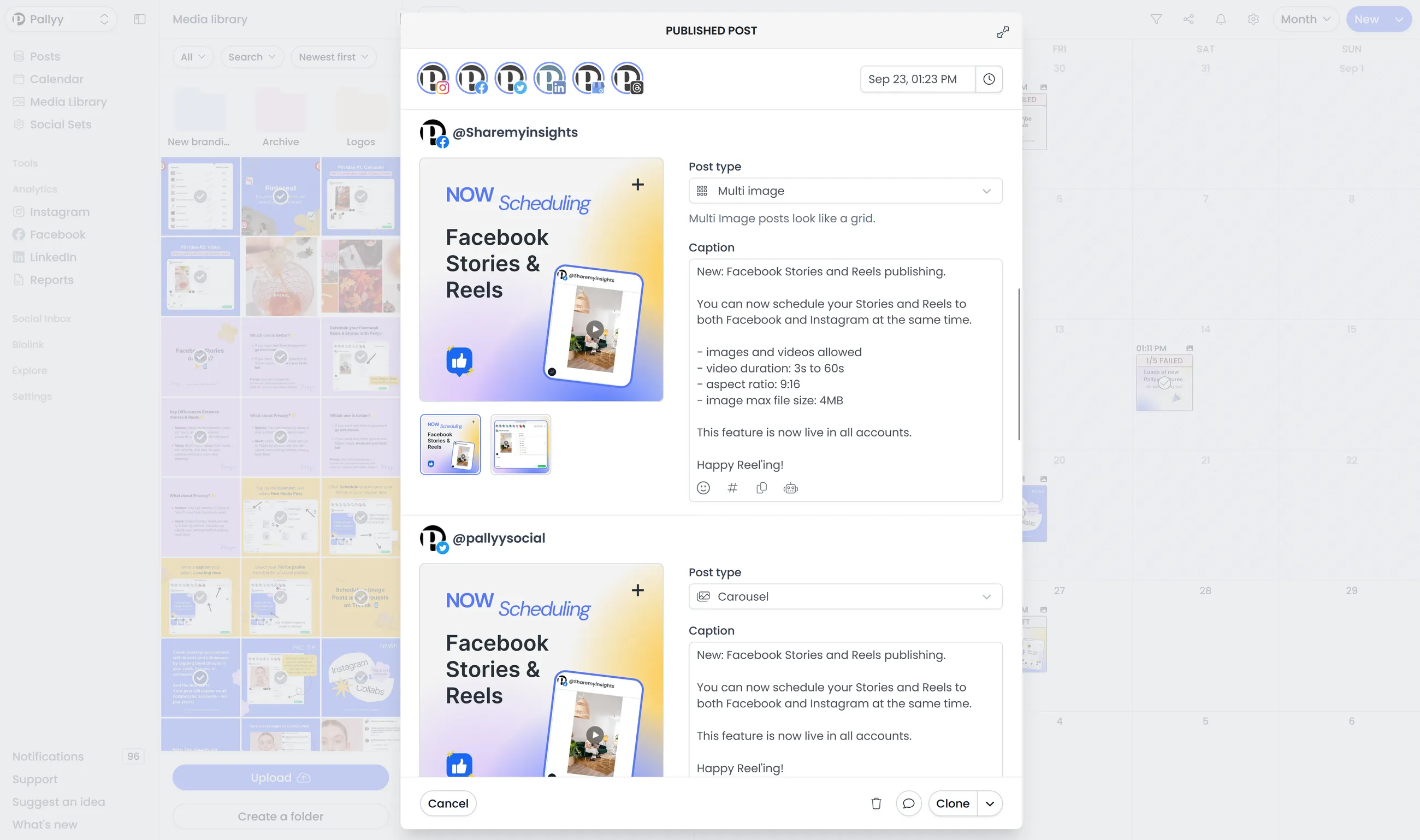 Facebook integration workspace with publishing, analytics, messages, comments, and reviews