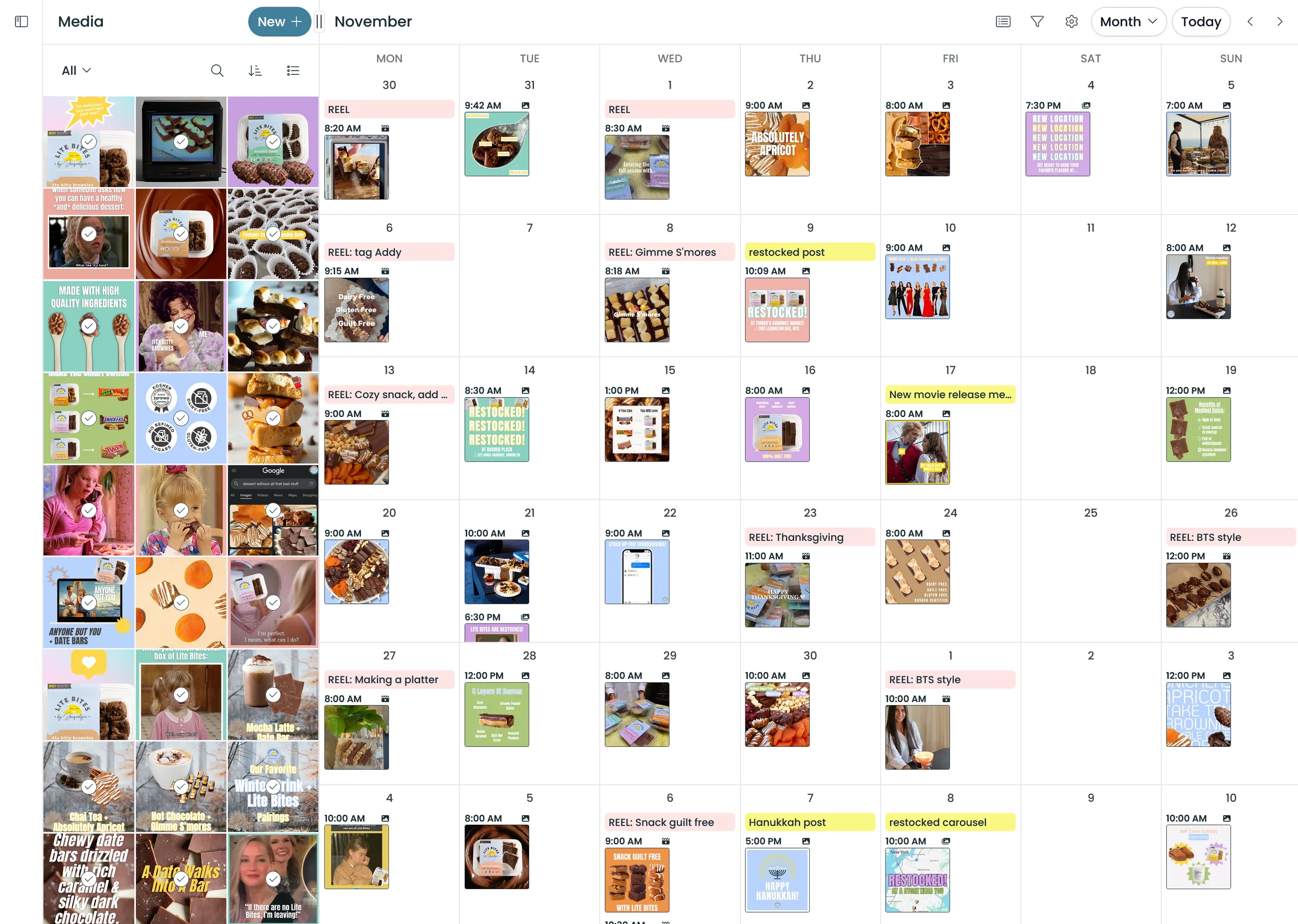Social media calendar showing scheduled posts for every connected social channel in a monthly view