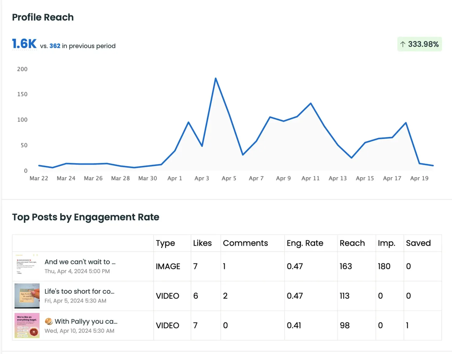 Pallyy analytics report - profile reach and top posts by engagement rate