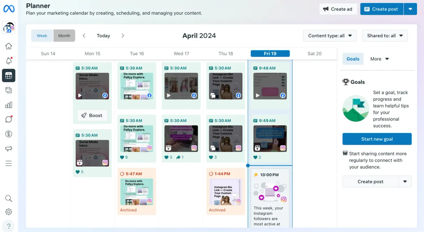 Meta Business Suite Content Planner view