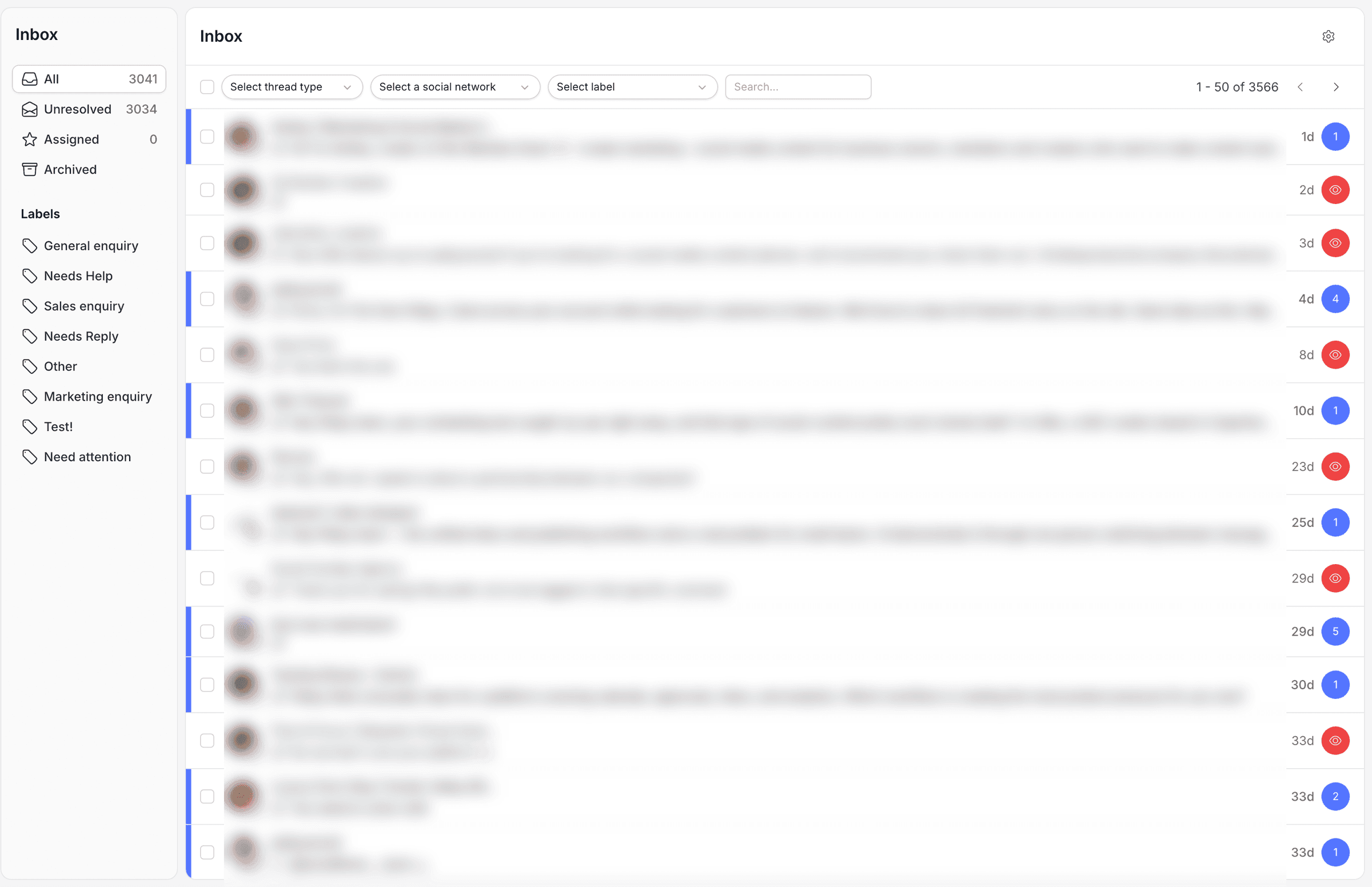 Pallyy's unified inbox with comments and DMs from every network in one list, filtered by thread type, network, and label