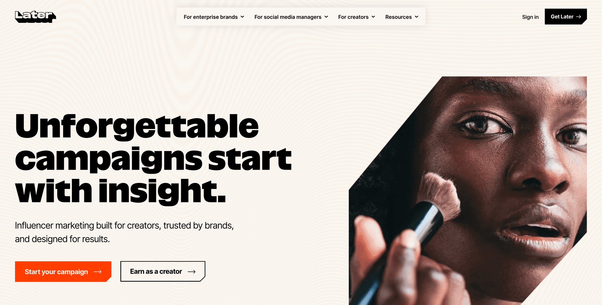 Later's homepage in August 2026, leading with its influencer marketing platform